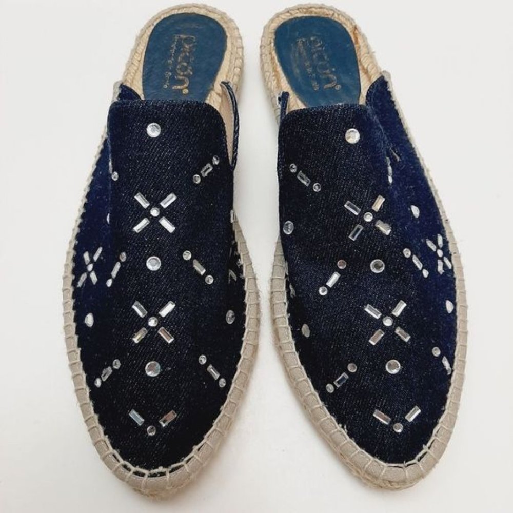 PICON Spain Handmade Rope Espadrille Mules Flat Slip-On Gem Floral Denim Sz 8